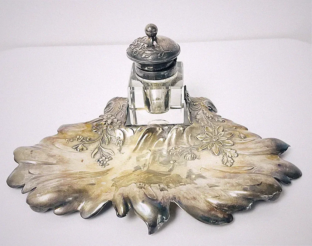 Antique Art Nouveau Sterling Silver Inkwell Desk Stand Crystal Ink Bottle 7"