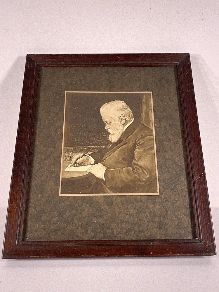 Antique Silver Gelatin Framed Photograph Portrait Of A Writer w Ink Nib Pen