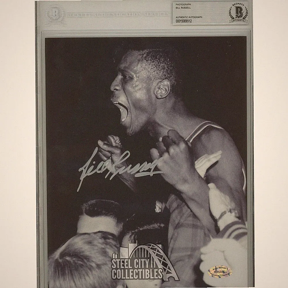 Bill Russell Autographed 8x10 Photo Cheering W/ Fans (Silver Ink)- BAS