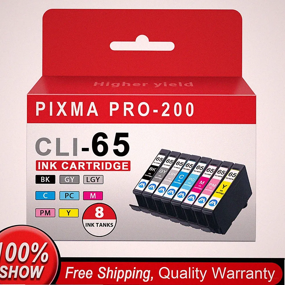 CLI-65 Ink 8-Color Set with Chip for Canon PIXMA PRO-200, Ink Level Indicated