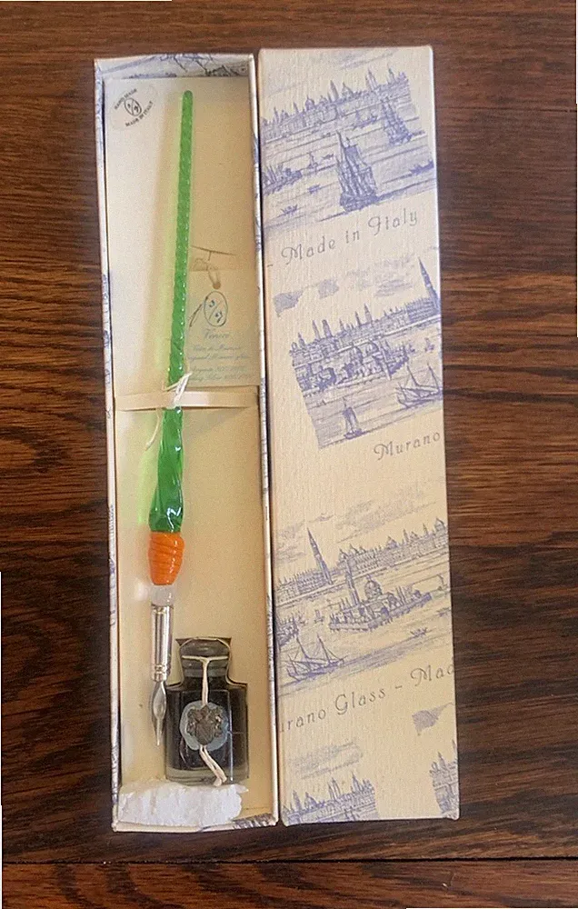 Murano Glass Dip Pen Venice Sterling Silver 800-Ink Bottle Writing Set Italy