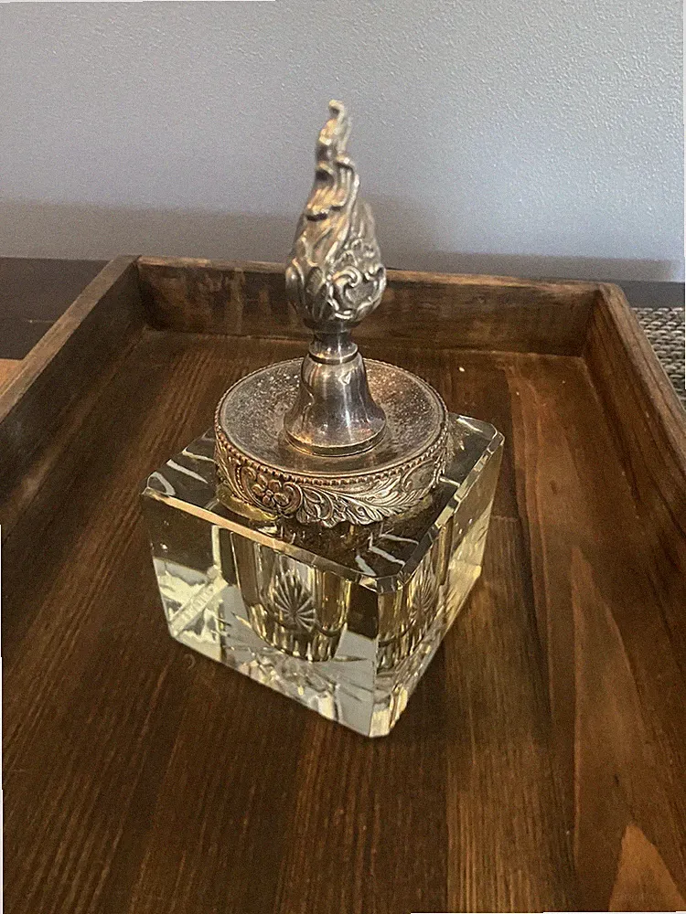 vintage antique silver cut square crystal glass ink bottle