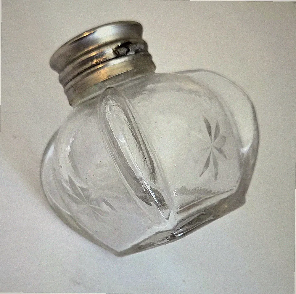 Vintage Etched Star Glass Ink Well Bottle Silver Hinged Flip Open Lid Inkwell